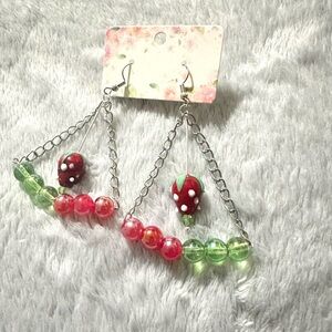 Strawberry Bead Dangle Earrings - Red & Green